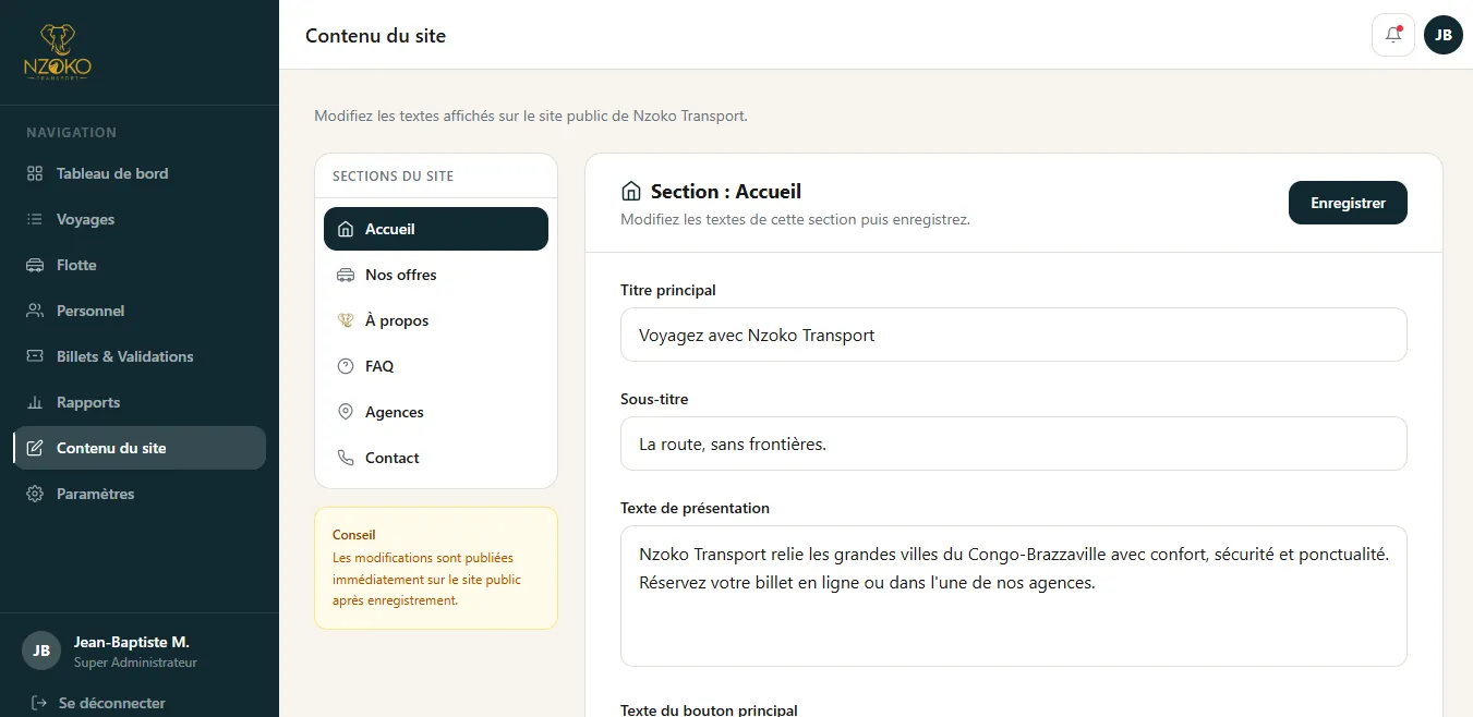 L'éditeur de contenu du site public, avec les sections modifiables et leurs champs