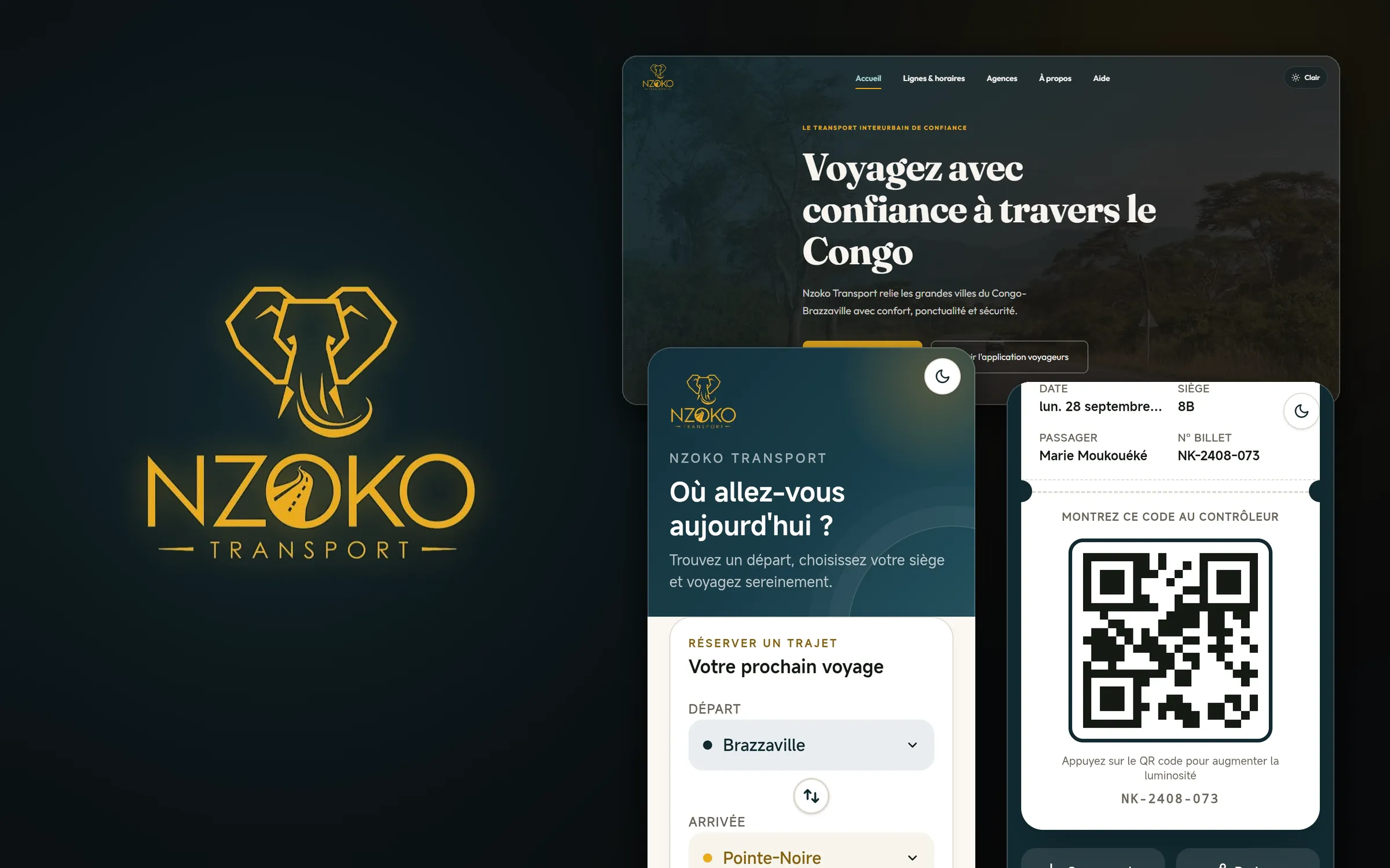 Le logo de Nzoko Transport, un éléphant doré, à côté du site sur ordinateur et de deux écrans de l'application voyageur sur téléphone