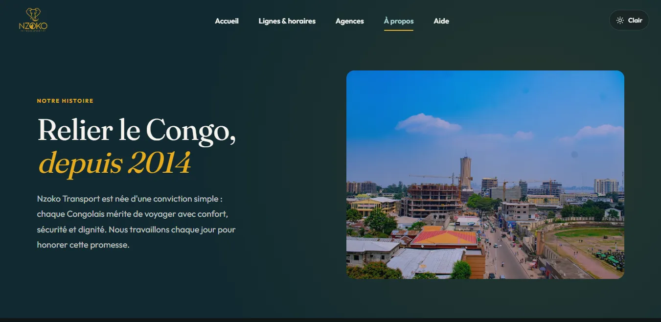 La page À propos de Nzoko Transport, avec un titre en serif et une photographie d'une ville congolaise
