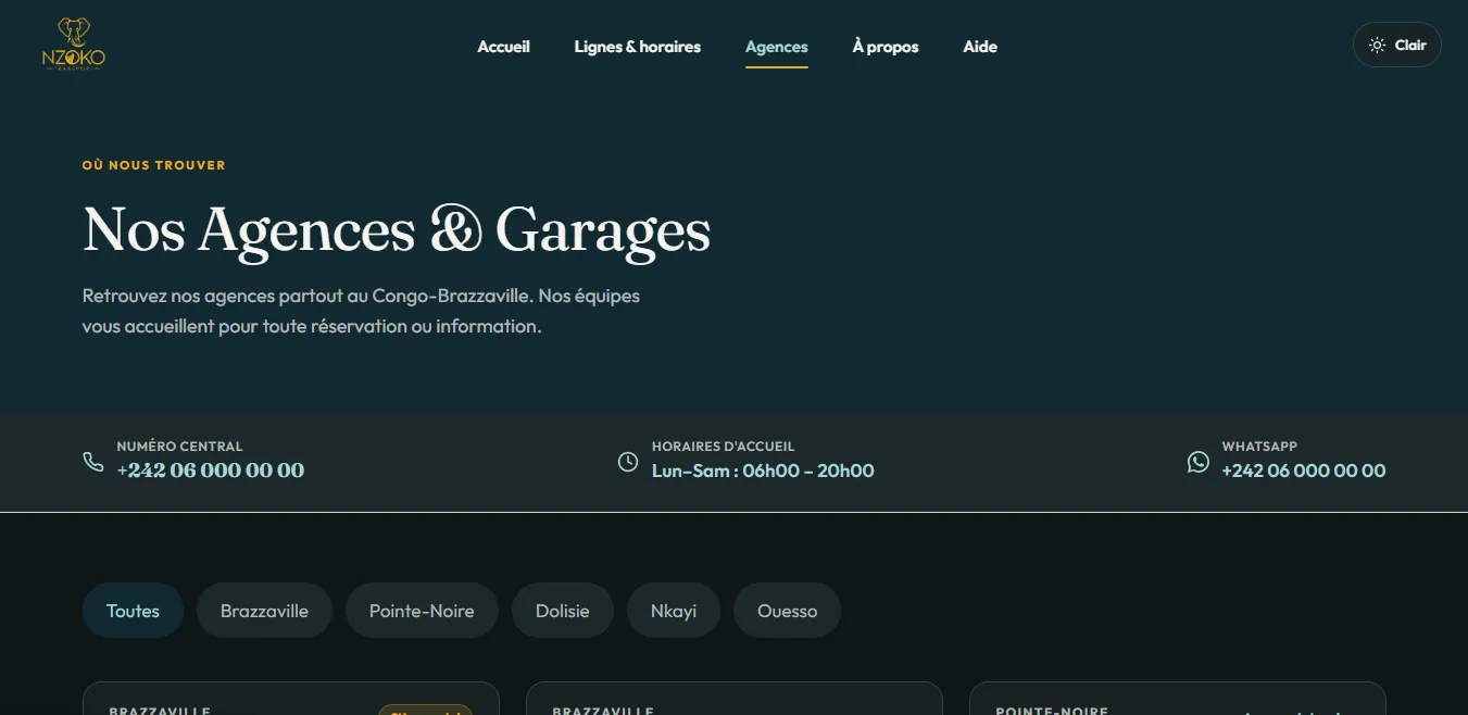 La page des agences et garages, avec les numéros de contact et les filtres par ville