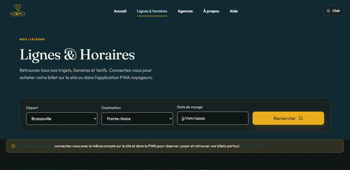 La page des lignes et horaires, avec la recherche par ville de départ, ville d'arrivée et date