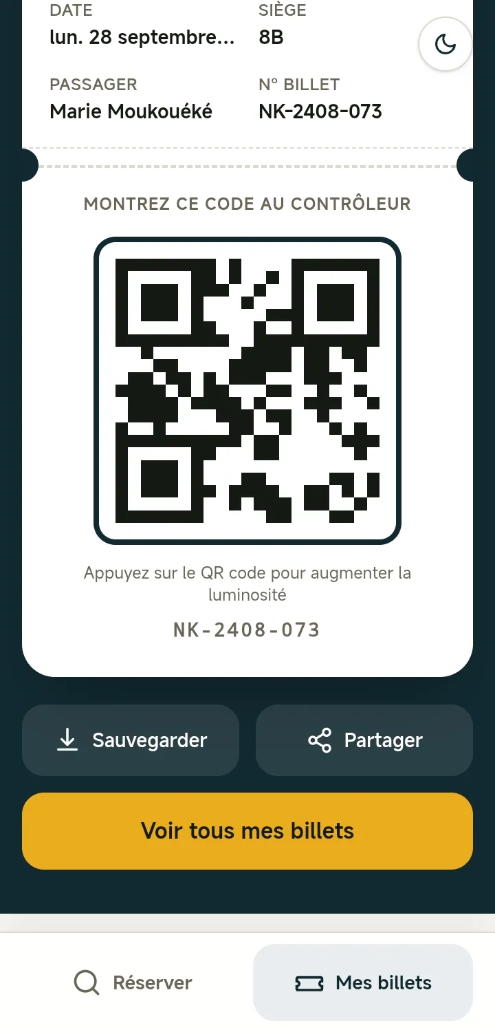 Le billet électronique avec son code QR à présenter au contrôleur et le numéro de billet