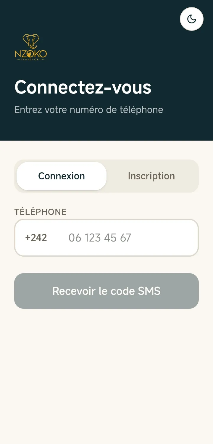 L'écran de connexion de l'application voyageur, avec le numéro de téléphone