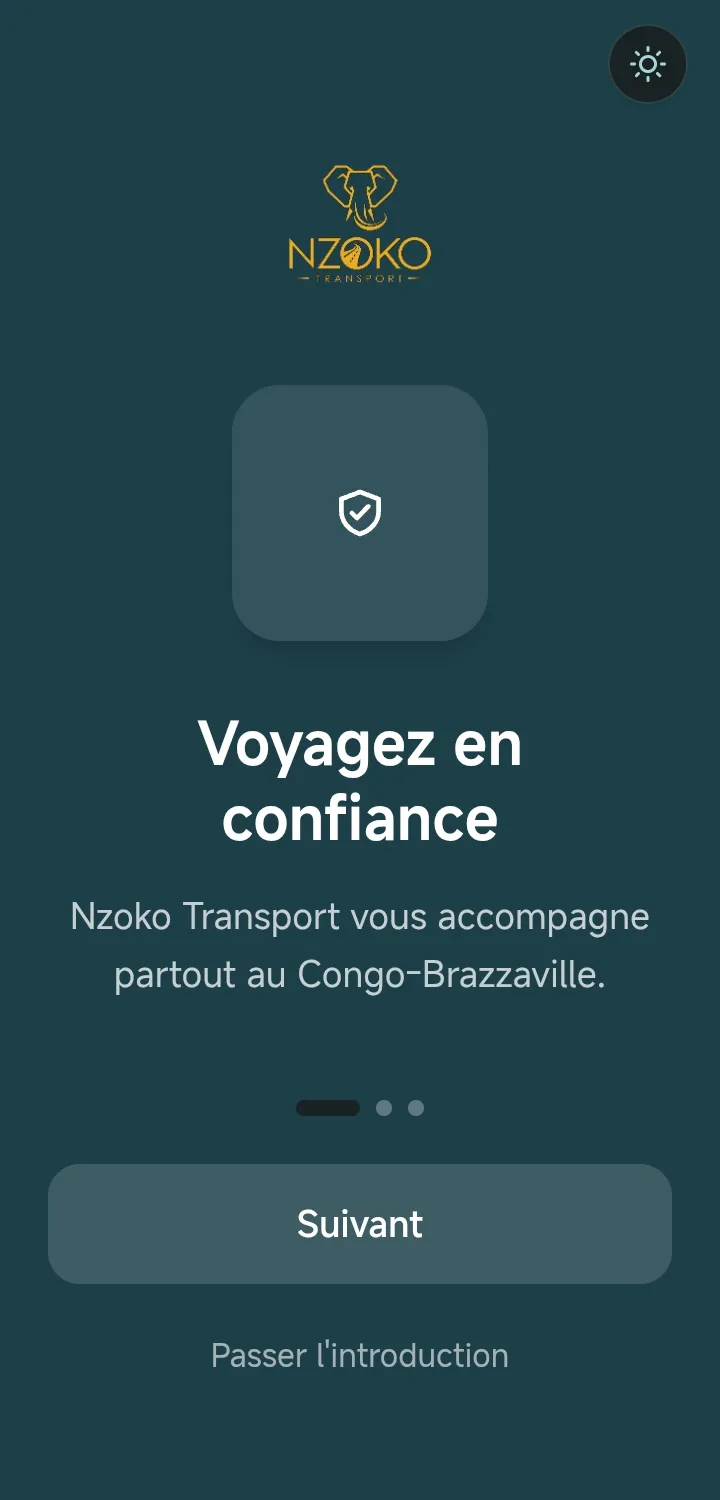 L'écran d'introduction de l'application voyageur, avec le logo Nzoko et le message « Voyagez en confiance »
