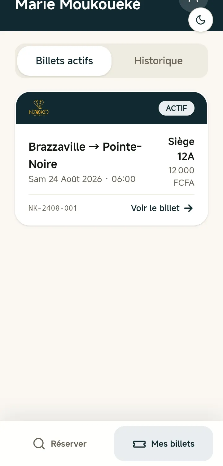 La liste des billets de l'utilisateur, avec les onglets billets actifs et historique