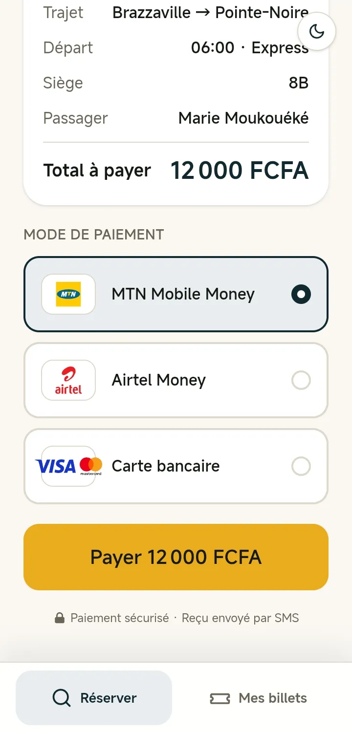 L'écran de paiement avec les modes MTN Mobile Money, Airtel Money et carte bancaire