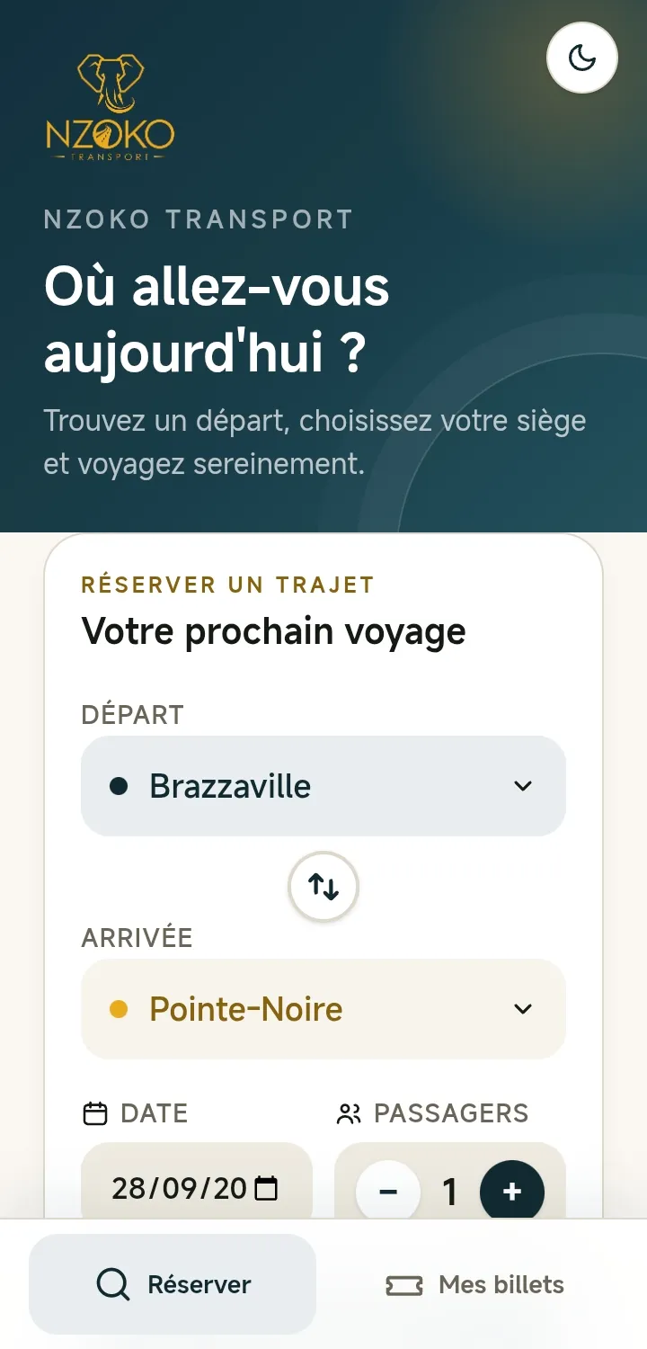 L'écran de recherche d'un trajet, avec départ, arrivée, date et nombre de passagers