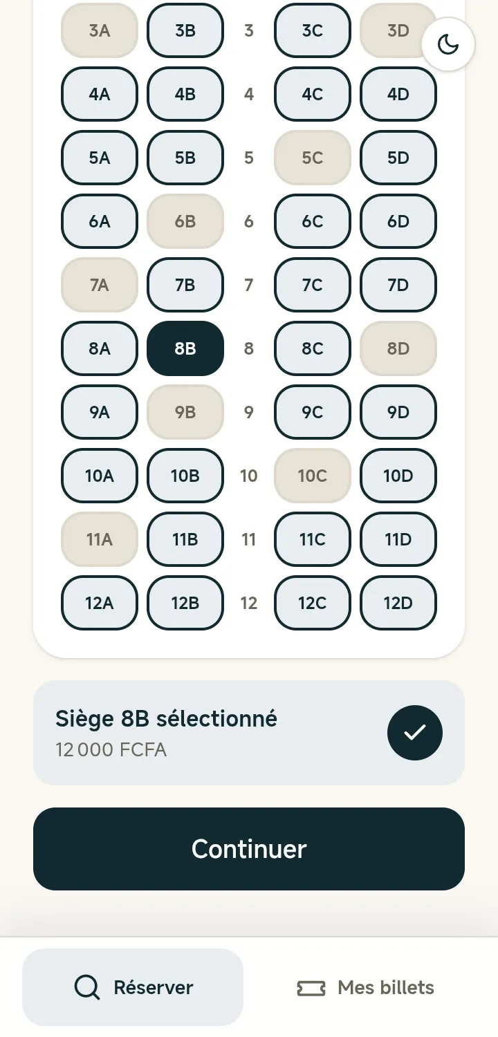 Le plan des sièges du bus, avec les places libres, occupées et le siège choisi