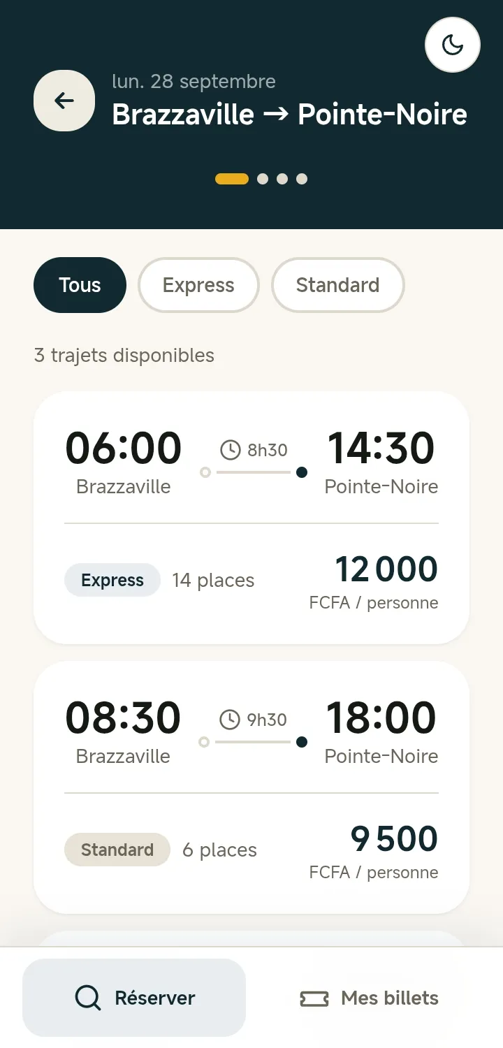 La liste des trajets disponibles entre Brazzaville et Pointe-Noire, avec horaires, durée, places restantes et tarif