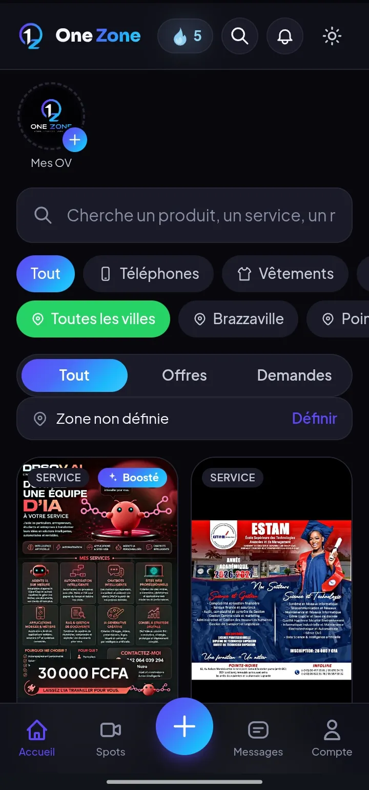 Le catalogue de One Zone sur téléphone, avec recherche, filtres par catégorie et par ville