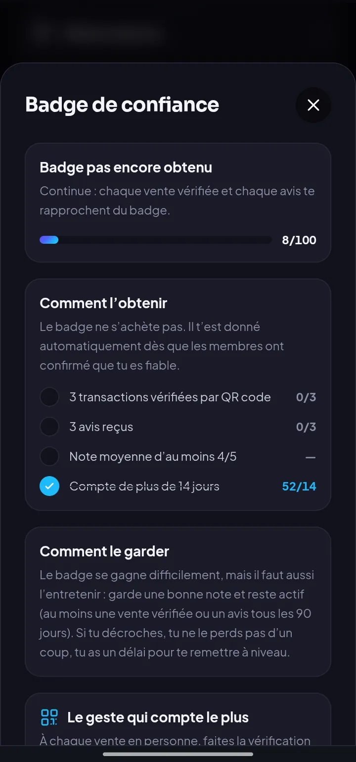 L'écran du badge de confiance, avec sa progression et ses conditions