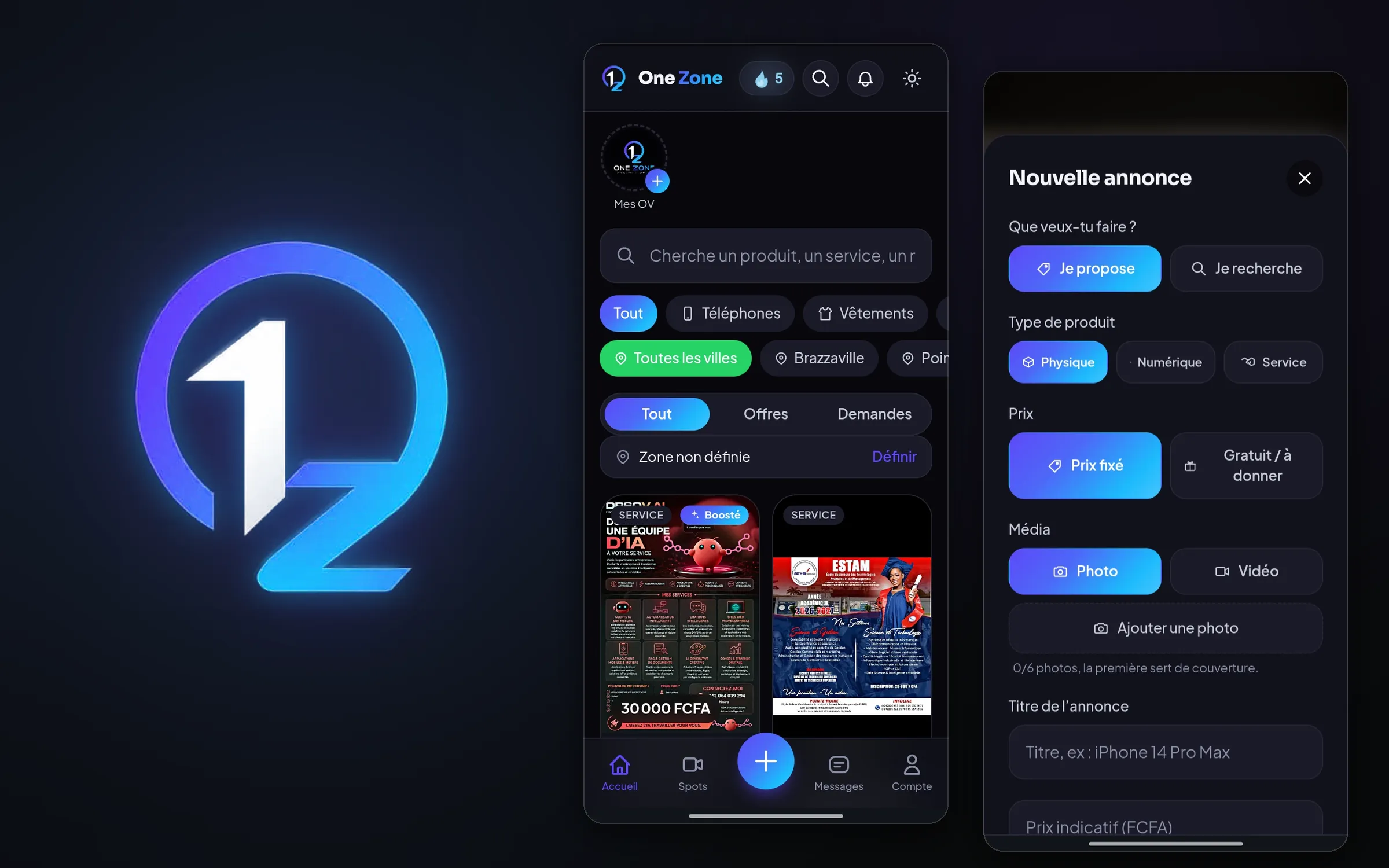Le logo de One Zone, un monogramme 1Z en dégradé violet et cyan, à côté de deux écrans de téléphone montrant le catalogue et le formulaire de publication