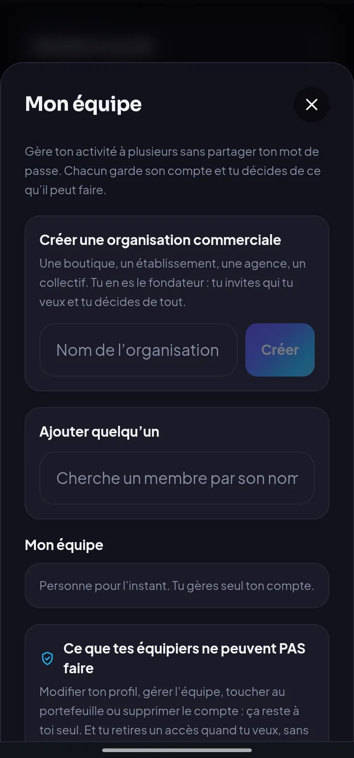 L'écran de gestion d'équipe et d'organisation commerciale sur One Zone