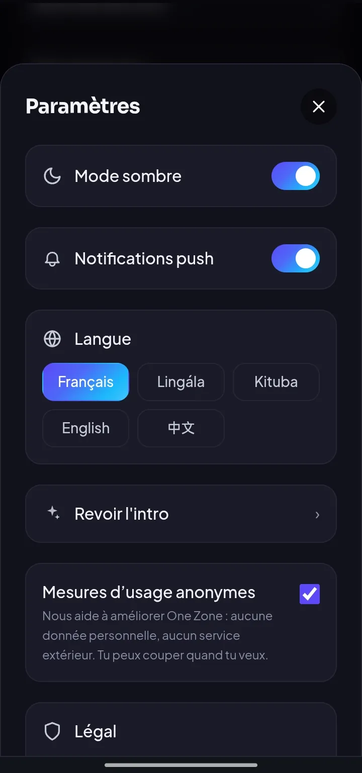 Les paramètres de One Zone montrant les cinq langues disponibles, dont le lingala et le kituba