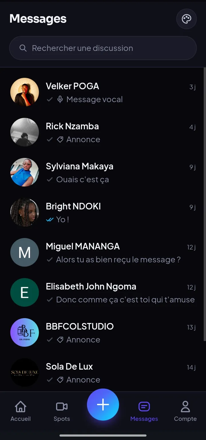 La liste des conversations dans la messagerie de One Zone