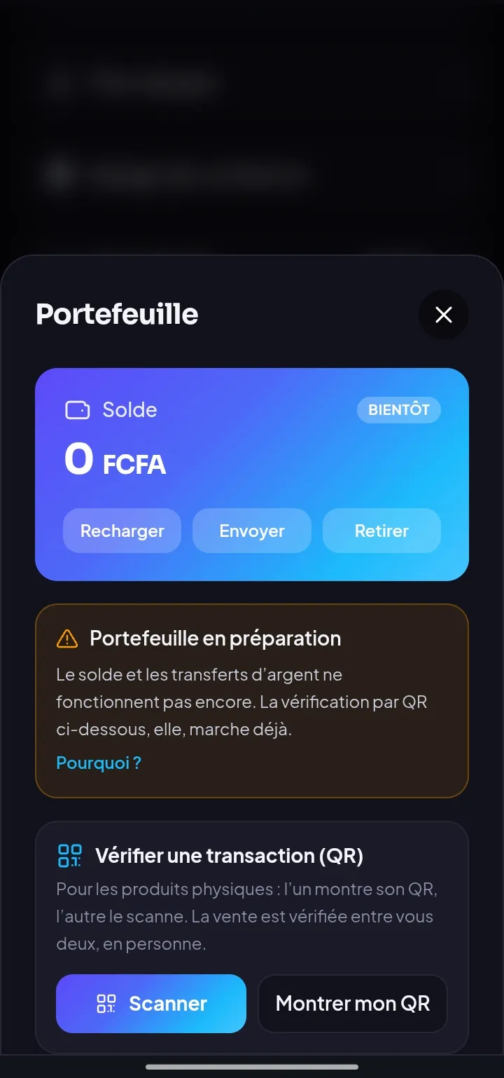 Le portefeuille de One Zone, avec le solde et la vérification par QR